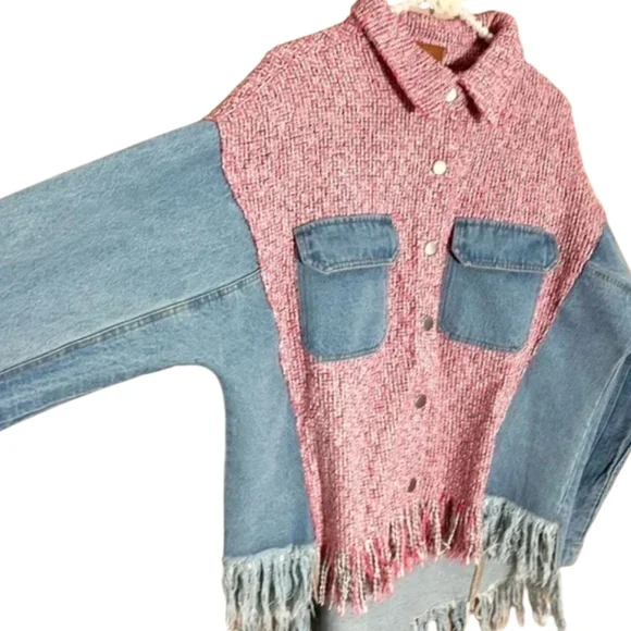 Umgee Tweed Jacket Pink/ Blue Denim Fringe Hem Cotton Hippie Festival Sz M - Picture 2 of 11